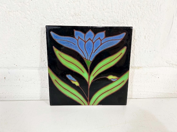 Vintage Besheer Art Tile Art Nouveau Floral Motif Blue Lotus Flower Kitchen Botanical Trivet Wall Hanging Decor Kitchen Nursery Kids Room