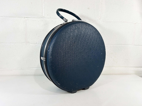 Vintage Navy Blue Round Suitcase Train Case Overnight Bag Silver Luggage Travel American Tourister Tiara 1960s