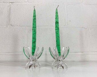 Vintage Lucite Candlesticks Clear Atomic German Friedel Ges Gesch Lotus MCM Candle Pair Mid-Century Candleholder Wedding Candlestick 1960s