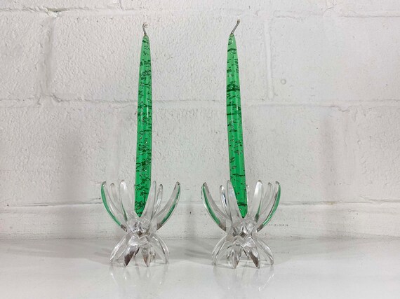 Vintage Lucite Candlesticks Clear Atomic German Friedel Ges Gesch Lotus MCM Candle Pair Mid-Century Candleholder Wedding Candlestick 1960s