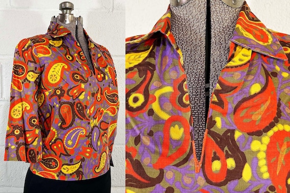 Vintage Psychedelic Paisley Blouse Shirt Top 3/4 Sleeve Shirt Bohemian Mod Minx TV Movie Costume 1970s 1960s Medium