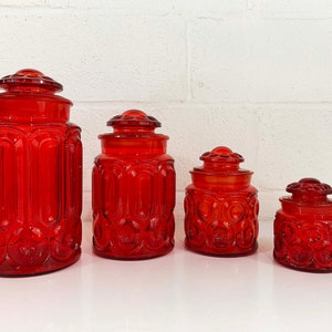 Vintage LE Smith Red Moon & Stars Glass Canisters Set of 4 Kitchen Canister Food Storage MCM Glassware 1960s Retro Cookie Jar image 4