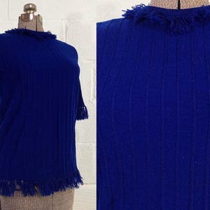 Vintage 70s Navy Knit Sweater: Ribbed Fringe Trim, Helen Sue