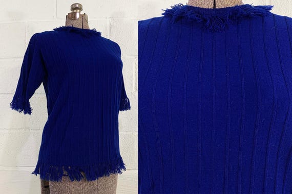 Vintage Sweater Navy 3/4 Sleeve Knit Blue Mod Jumper 1970s 70s Ribbed Helen Sue Medium Large