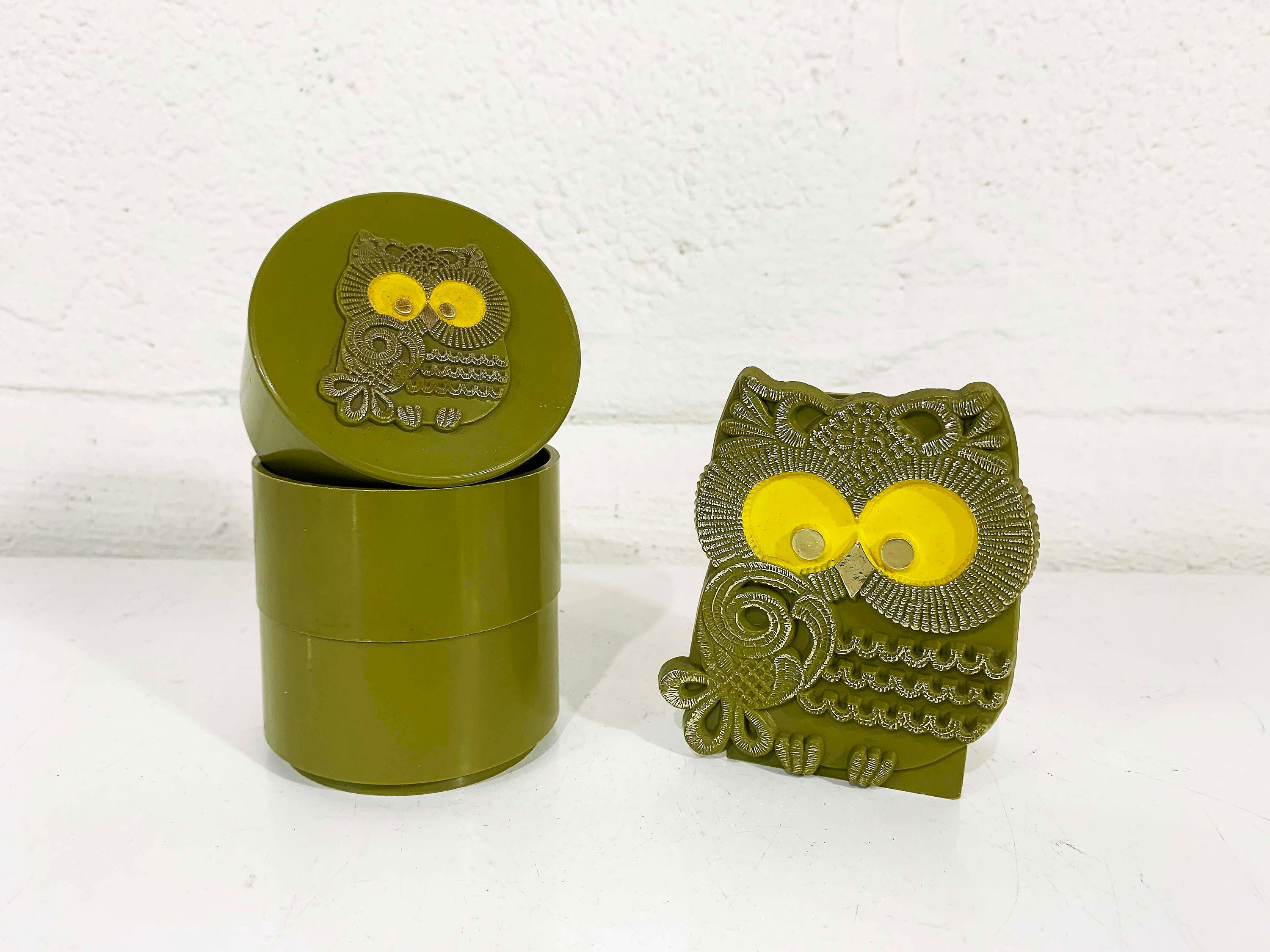 Vintage Owl Desk Set Organizer Green Gold Yellow Owls Boho Pencil Cup