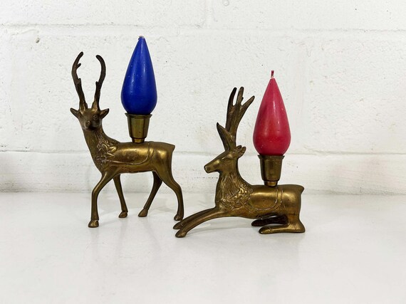 Vintage Brass Candle Holder Deer Figurine Set of 2 Candlesticks Reindeer Ornate Holiday Decor Hollywood Regency Christmas New Years