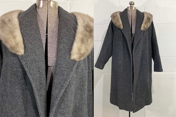 Vintage L. Frank Co. Washington Wool Open Front Duster Fur Collar Costume Re-enactments Prop Gray Jacket Long Sleeve Coat 1950s Medium