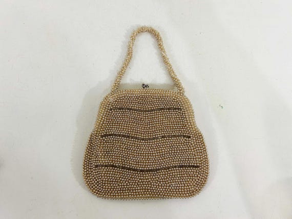 Vintage Cream Beaded Handbag Metal Kisslock Clasp Hecht Imperial White Evening Bag Bead Bridal Purse Wedding 50s 1950s