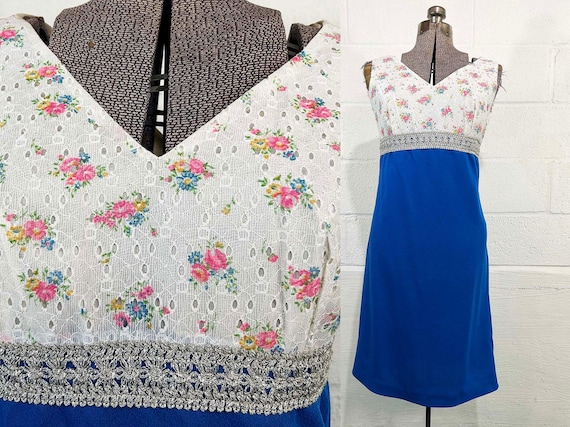 Vintage 60s Mod Midi Dress Blue Floral Lace Empire Waist Twiggy Aesthetic 1960s Small