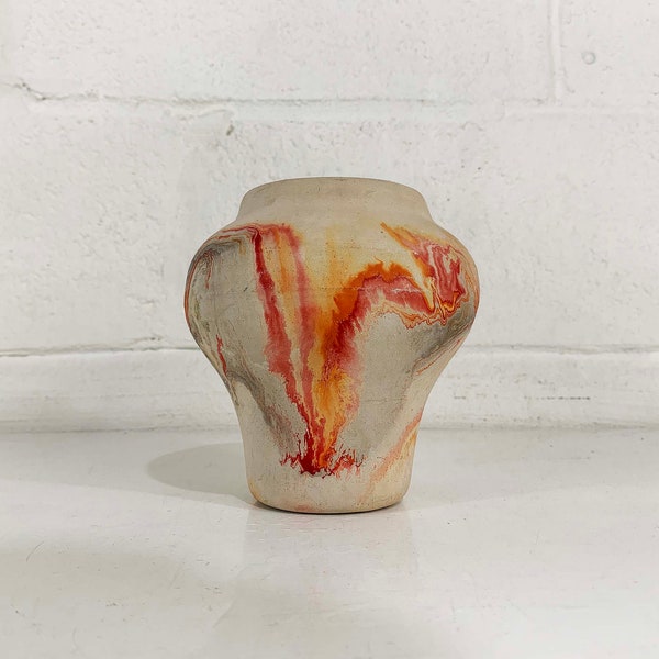 Vintage Nemadji Art Pottery Vase Swirl Handmade USA Flower Statement Orange Brown Mid-Century Modern White Beige 1970s