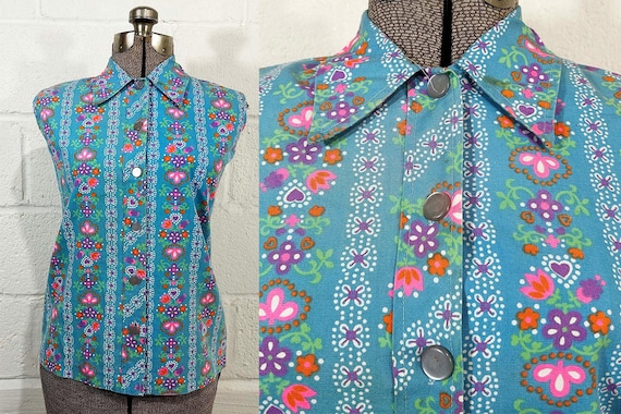 Vintage Blue Floral Sleeveless Shirt Primstyle Top Button Up Summer Sleeveless Mod 1960s Small XS