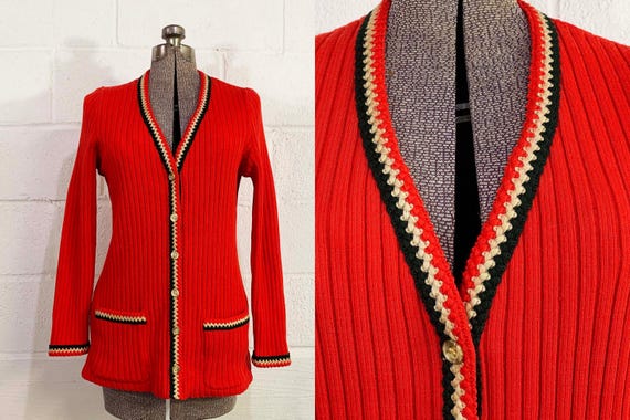 Vintage Red Cardigan Sweater Button Front V-Neck Jumper Act III Ribbed Long Sleeved 1960s 1970s Unisex Cozy Hygge Boho Large