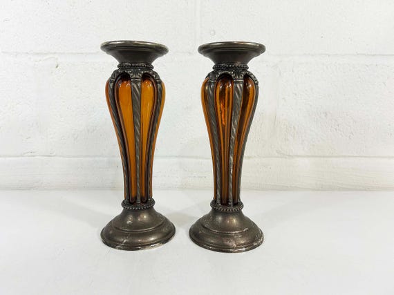 Vintage Silverplate Pillar Candle Holders Set of 2 Candlestick Pair Silver Plate Cased Amber Glass Candleholders 1970s Gothic Victorian
