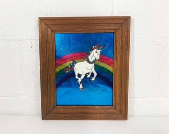 Vintage Framed Unicorn Art Carnival Prize Mirror Blue Rainbow Gold Mystical Fantasy Mid-Century 1970s Wall Decor Nursery Kids