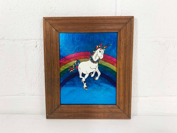 Vintage Framed Unicorn Art Carnival Prize Mirror Blue Rainbow Gold Mystical Fantasy Mid-Century 1970s Wall Decor Nursery Kids