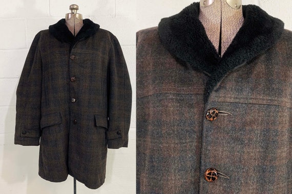 Vintage Winter Coat Plaid Tweed Land-N-Lakes Jacket Lined Faux Fur Fleece Wool Jacket Hipster Cozy 1960s 60s Large