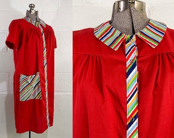 Vintage Rainbow Housedress Nightgown House Dress Red Snap Gown Sleepwear Stripe Collar Red 1970s Short Sleeve XL XXL