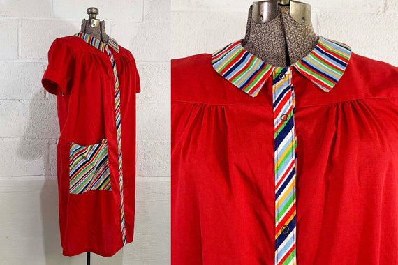 Vintage Rainbow Housedress Nightgown House Dress Red Snap Gown Sleepwear Stripe Collar Red 1970s Short Sleeve XL XXL