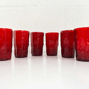 Vintage Ruby Red Glasses Morgantown Crinkle Glassware Set of 6 Juice Mini Cocktail Glass Mid-Century Colorful Home 1960s 60s 1950s 50s