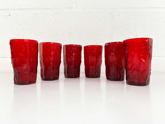Vintage Ruby Red Glasses Morgantown Crinkle Glassware Set of 6 Juice Mini Cocktail Glass Mid-Century Colorful Home 1960s 60s 1950s 50s