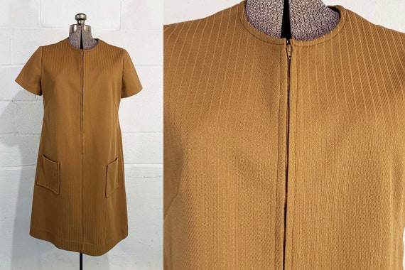 Vintage Brown Shift Dress 60s Mod Tan Coffee Teak 1960s Mini Mod Twiggy Short Sleeve Large XL