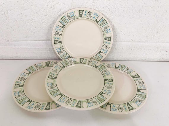 Vintage Mid Century Atomic Taylorstone Cathay Small Plates Set of 4 Salad Bread Dessert Aqua Blue Atomic Sage Green MCM Mad Men 1960s 60s
