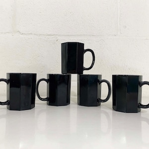 Vintage Onyx Glass Mugs Set of 5 Mug Coffee Milk Ebony Gothic Black Octagon Goth Minimal Minimalist French Design France Wedding Prop image 1