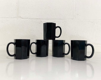 Vintage Onyx Glass Mugs Set of 5 Mug Coffee Milk Ebony Gothic Black Octagon Goth Minimal Minimalist French Design France Wedding Prop