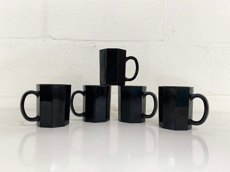 Vintage Onyx Glass Mugs Set of 5 Mug Coffee Milk Ebony Gothic Black Octagon Goth Minimal Minimalist French Design France Wedding Prop image 1