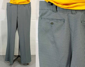 Vintage Double Knit Pants Kentfield Pant Green Houndstooth TV Movie Costume Large 1970s Fashion Aesthetic 70s Large XL