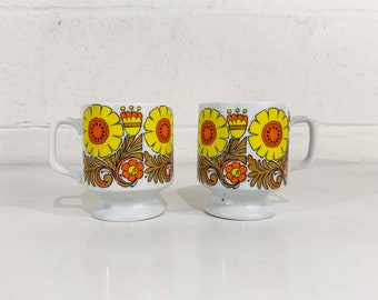 Vintage Pedestal Mugs Floral Orange Yellow Flower Power Mid Century MCM Set of 2 Retro Cute Kitsch Kawaii Dopamine Decor 1960s 60s