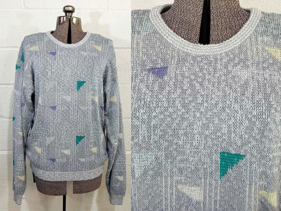 Vintage Gray Knit Sweater Triangles Crewneck Bachrach Slouchy Pullover Jumper Long Sleeved Pastel Grey 1980s Large XL XXL