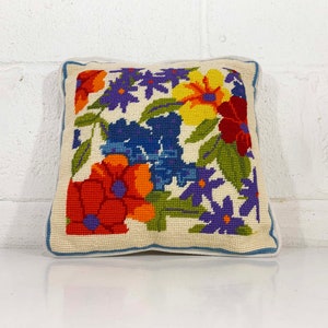 Vintage Floral Pillow Needlepoint Square Rainbow Accent Colorful White Throw Sofa Couch Small Mid-Century 1970s 1960s image 2