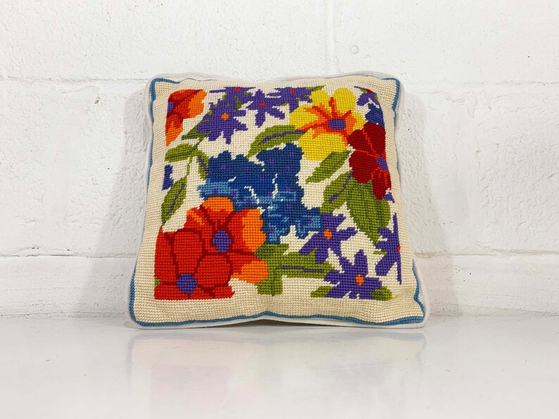 Vintage Floral Pillow Needlepoint Square Rainbow Accent Colorful White Throw Sofa Couch Small Mid-Century 1970s 1960s image 2