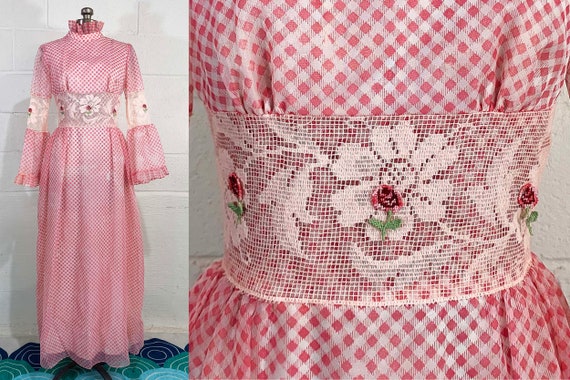 Vintage Pink A-Line Maxi Dress 60s Mod Baby Doll Gingham Ruffles Lace Trim Roses 1960s Mod Twiggy Long Sleeve Valley of the Dolls Medium