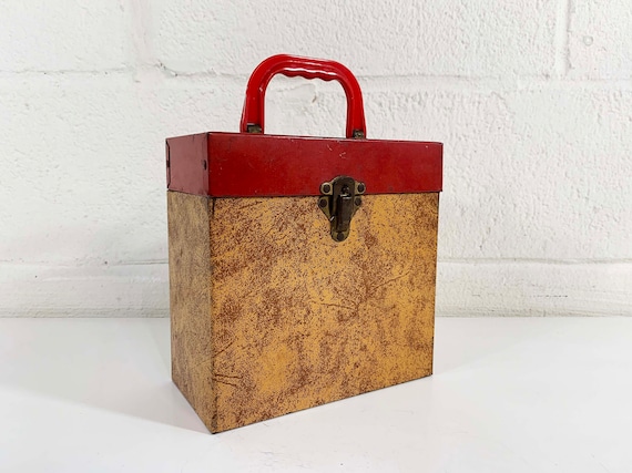 Vintage Metal 45 Box Record Case Holder Storage Mid-Century Retro Music Musical Red Brown Plastic Handle