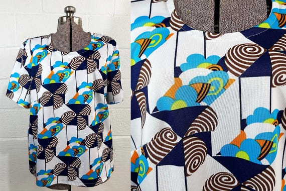 Vintage Colorful Top Abstract Mod Dopamine Dressing Short Sleeve Plus Size Curvy Volup 1960s 1970s 3XL 2XL