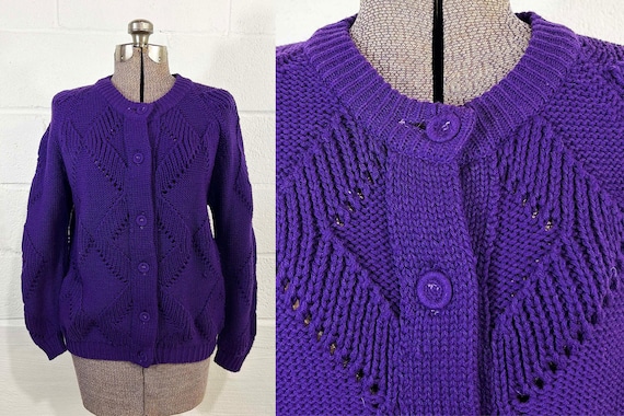 Vintage Full Fashion Purple Cardigan Cable Knit Long Raglan Sleeve Sweater Knit Buttons 1960s Large XL