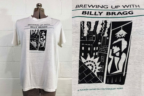 Vintage 1980s Billy Bragg Tee Brewing Up with Tshirt White T-Shirt Hanes Short Sleeve Paper Thin Worn Thrashed Single Stitch 80s 1984 XL