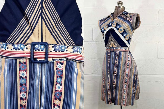 Vintage Navy Blue Patterned Dress A-Line Belted Shirtdress Mod Scooter Twiggy Short Sleeves 1970s 1960s Dopamine Dressing XS Small