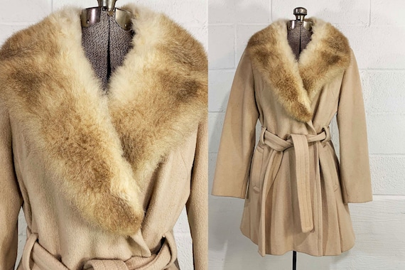 Vintage Beige Felted Winter Coat Fur Collar Satin Lined Jacket Hipster Belted Boho Mod Tan Brown 1960s Medium Large