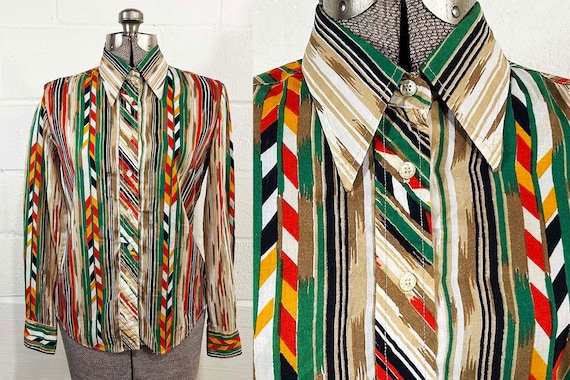 Vintage 70s Ellen Tracy Shirt Primary Top Red Brown Long Sleeve Blouse Mod Minx TV Movie Costume 1970s Medium