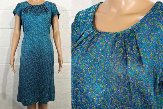 Vintage Blue Green Paisley Dress Wiggle Cap Sleeves Sparkle GlitterCocktail Party 1960s Large