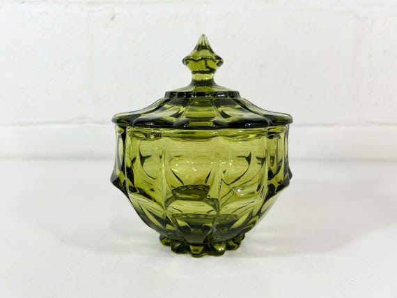 Vintage Fenton Green Glass Candy Dish: Lidded Vanity Storage