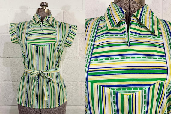 Vintage Striped Blouse Tie Waist Top Shirt Tunic Exclusive Imports Green Navy Blue Yellow Cap Sleeves Mod Belted 1970s 70s XXS XS