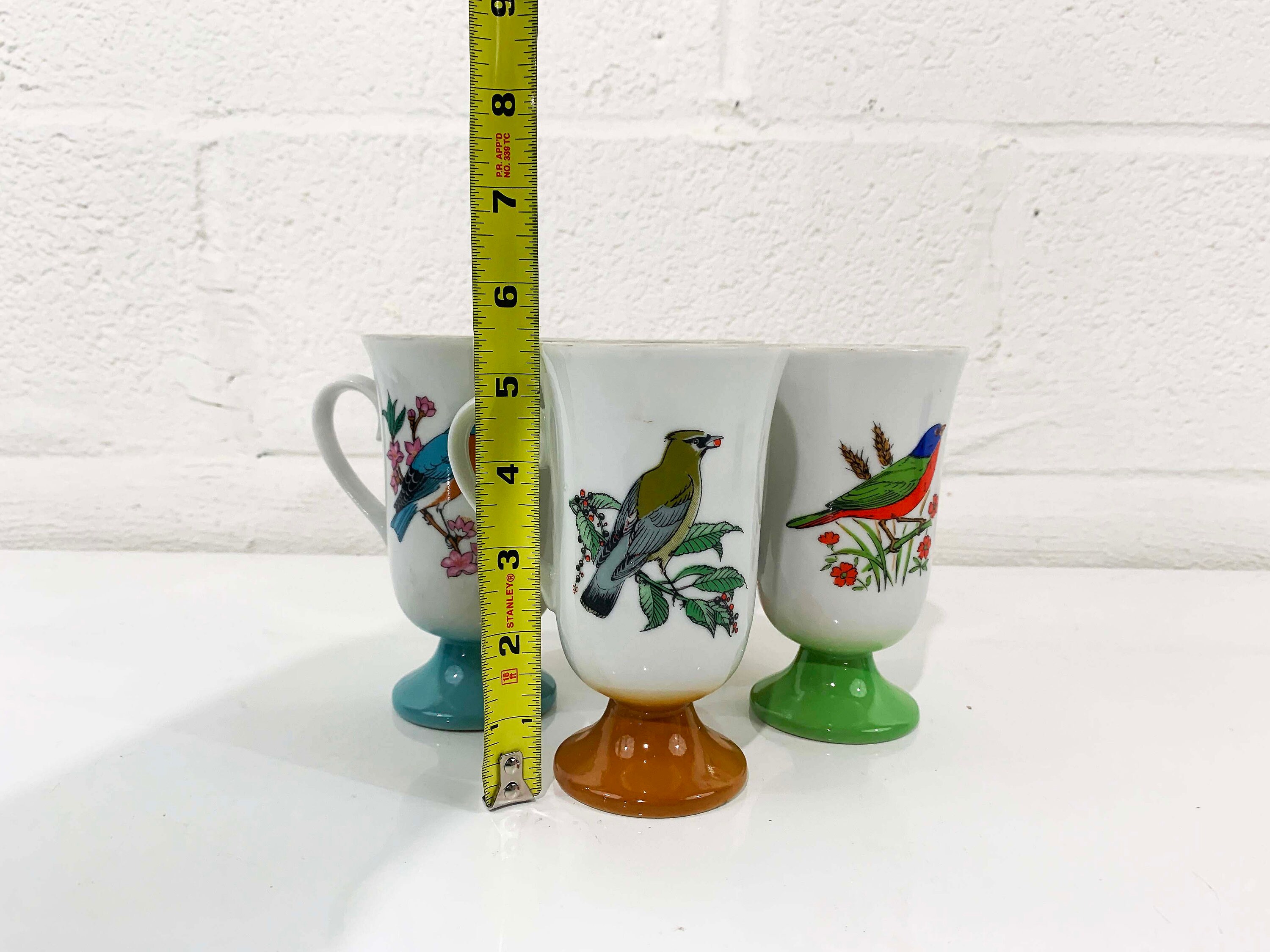Vintage Rainbow Bird Mugs Birds Pedestal Stacking Cups Ceramic Animal