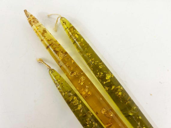 Vintage Yellow Lucite Candles Clear Faux MCM Candle Set of 3 Mid-Century Faux Candle Wedding 1960s Gold Fleck Taper 11.5" 8.5"