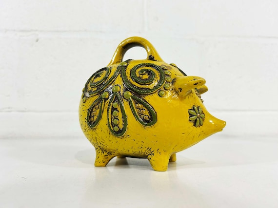 Vintage Yellow Piggy Bank Fitz and Floyd Flower Power Papier Mâché 1960s Groovy Mod