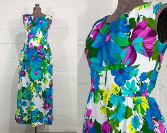 Vintage Hawaii Kleid Sun Fashions of Hawaii 1960er Jahre Lila Grün Floral Blau Hibiskus Tiki Ärmellos Maxi Luau Tropisch Hostess XS XXS