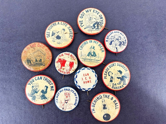 Vintage Novelty Pinback Button Brooch   Sold Individually   Funny Gag Gift 1940s 1950s Blue Red